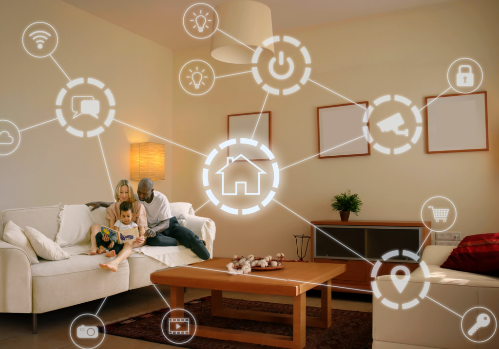 A family of 3 sits on a couch in their living room, with a smart home technology network graphic layered on top.