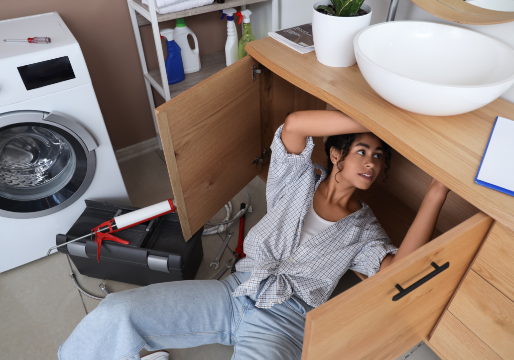 a woman fixing a sink