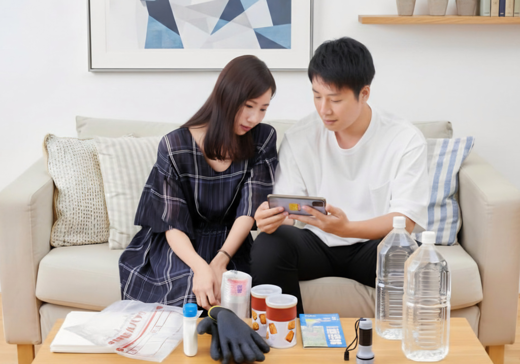 A woman and man sit on a couch looking at a phone with emergency prep supplies on the table in front of them