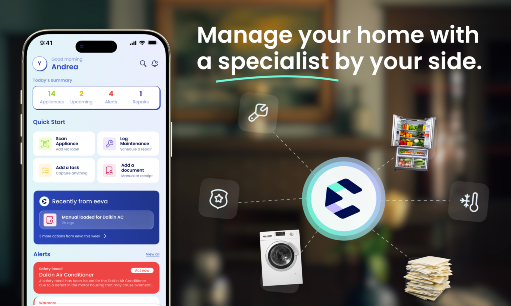 Graphic with headline "Manage your home with a specialist by your side." showing a screenshot of eeva's dashboard tab
